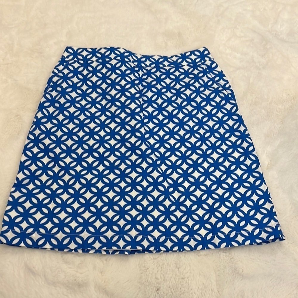 Boden skirt knee length blue geometric pattern zip close with pockets size 8p